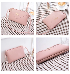 Detailed views of a pink envelope crossbody bag with Chleo logo and zipper closure