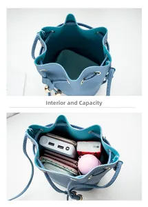 Macro view of blue litchi leather bucket bag interior showing spacious capacity