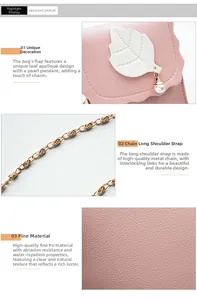 Détail du cuir PU rose grainé avec bandoulière chaîne dorée et breloque perle