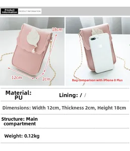Petit sac de téléphone rose en similicuir avec décor de feuilles et bandoulière chaîne