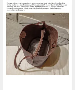 Detail of brown leather bucket bag showing suede lining, magnetic closure and zipper divider
