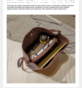 Interior view of brown bucket bag showing large capacity for iPad and daily essentials