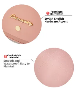 Detail showing the pink saddle bag textured fabric and gold-tone metal logo accents