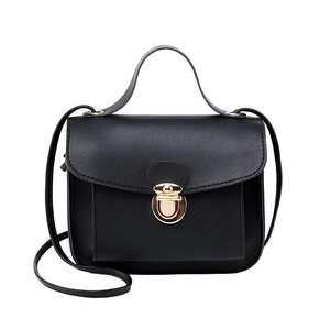 Elegant black PU leather mini crossbody bag with gold buckle and top handle