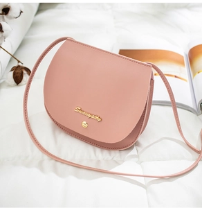 Close-up of nude pink saddle bag with golden metal logo and elegant matte leather texture