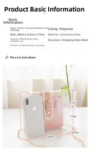 Detailed view of clear PVC crossbody bag with size comparison to a smartphone