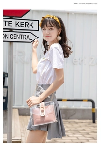 Close-up of clear PVC crossbody bag with pink leather pouch and gold chain strap detail