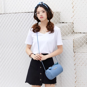 Blue lychee pattern cylinder crossbody bag with golden logo for women in casual street style
