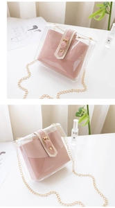 Detail of transparent PVC shoulder bag with pink leather inner pouch and gold chain strap