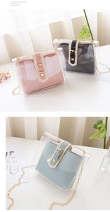 Detailed close-up of transparent PVC crossbody bags with gold chain straps and metal buckles