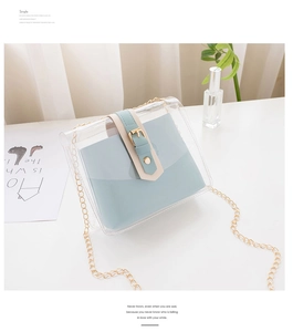 Detailed view of clear PVC outer bag and light blue inner leather pouch with gold chain
