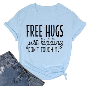 Detail of light blue cotton T-shirt featuring funny slogan print and side knot design