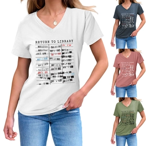 Detail view of four colors of the V-neck T-shirt with a vintage library card print design