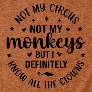 Detail eines ziegelroten T-Shirts mit schwarzem Not My Circus Slogan-Druck und Textur