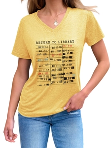 Detail of V-neck yellow tee featuring retro Return to Library print and date stamps