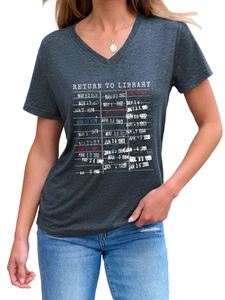 Detailed view of the V-neck charcoal grey tee with vintage library card print detail