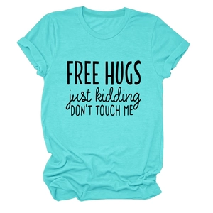 Detail of teal cotton T-shirt featuring Free Hugs Just Kidding typography print