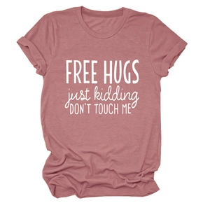 Detail of rolled cuffs and printed slogan on a dusty pink cotton round neck T-shirt