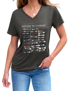 Detail of V-neck short sleeve t-shirt with vintage return to library date stamp print
