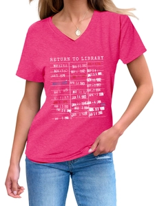 Rose pink V-neck t-shirt with vintage Return to Library book card graphic print