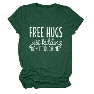 Detail of forest green T-shirt with rolled sleeves and Free Hugs slogan print