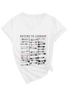 Detail of white V-neck T-shirt featuring a vintage library card print and side knot design
