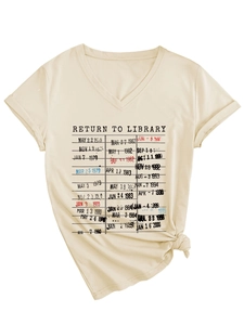 Detail of V-neck beige t-shirt featuring retro vintage return to library card print