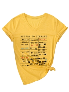 Detail of yellow V-neck T-shirt with sleeve cuffs and Return to Library vintage print