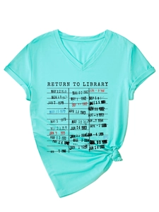 Detail of mint green V-neck T-shirt showing retro Return to Library print and cuffed sleeves
