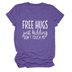 Macro view of purple heather knit fabric and high-quality Free Hugs slogan print