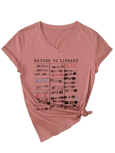 Detail of V-neck T-shirt in brick red featuring vintage library card stamp graphic print