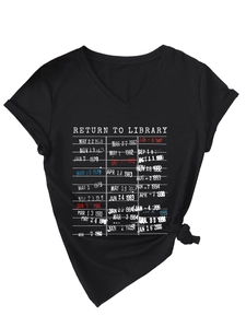 Detail of V-neck cotton T-shirt featuring a vintage Return To Library card print design
