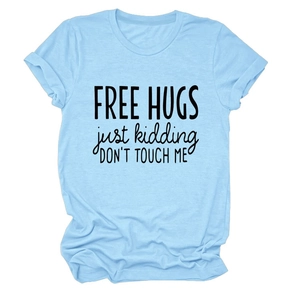 Detail of rolled cuffs and Free Hugs slogan print on light blue cotton t-shirt