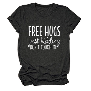 Dark gray Free Hugs Just Kidding short sleeve T-shirt with rolled cuffs for women
