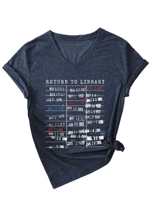 Detailed view of the vintage library card print on a navy blue V-neck t-shirt fabric