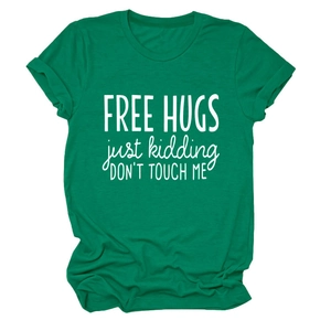 Detail of Free Hugs Just Kidding typography print on dark green cotton T-shirt