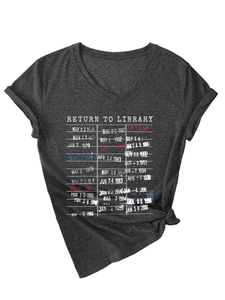 Detail of V-neck charcoal t-shirt featuring a Return to Library card graphic and knot hem