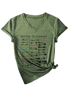 Detail of V-neck olive green t-shirt with library card print and front hem knot design