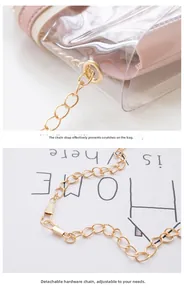 Detail of pink leather and transparent bag with gold metal chain and detachable buckle