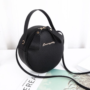 Black round mini crossbody bag in pebble leather with gold logo and dual zip closure