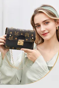 Detail of vintage patterned crossbody bag with gold chain strap and metal lock closure