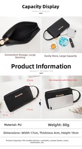 Detail view of black lychee grain clutch bag with dimensions and storage capacity
