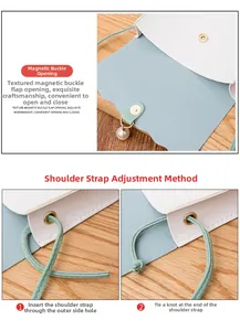 Detail view of magnetic snap closure with pearl ornament and adjustable strap guide