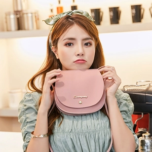 Fashionable pale pink saddle bag for women with gold magnetic clasp and metal logo