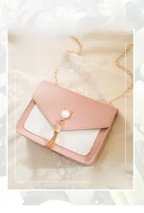 Close-up of pink color-block mini bag with pearl tassel and cat ear buckle detail