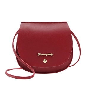 Fashionable red semi-circle saddle bag with gold logo and fine leather texture