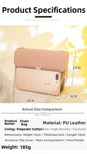 Pink PU leather chain bag detail showing 18x13x6cm size with phone comparison