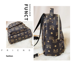 Détails du sac à dos marron vintage avec imprimé logo et fermetures éclair dorées