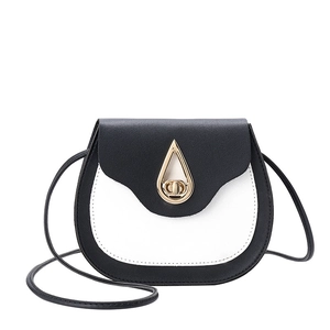 Fashionable black and white contrast saddle bag with gold metal lock and shoulder strap