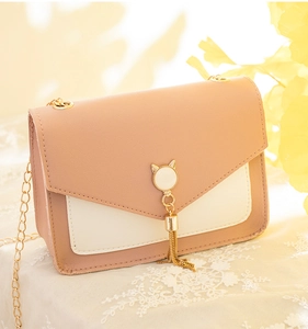 Close-up of cat-shaped gold lock and tassel on a pink and cream crossbody bag